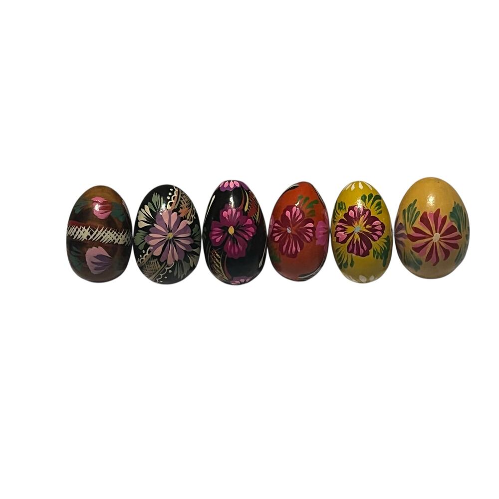 Hand Painted Wooden Russian Ukrainian Eggs Set of 6 Floral